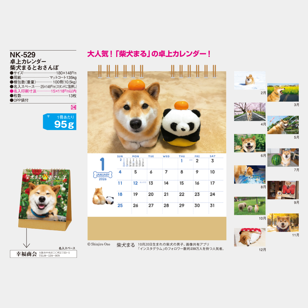 NK-529　卓上カレンダー 柴犬まるとおさんぽ 2