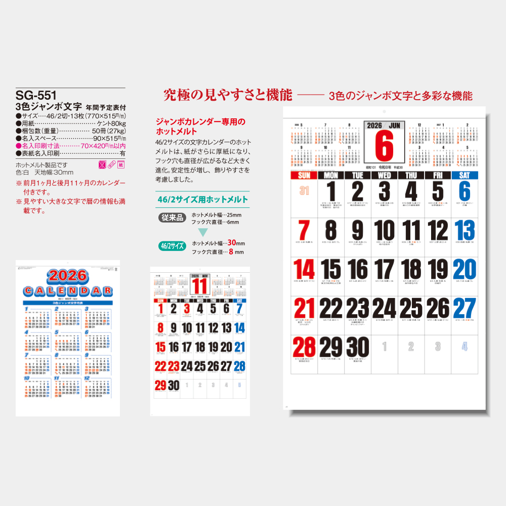 SG-551　3色ジャンボ文字　年間予定表付 3